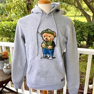 Black Pike “Fishing Bear” Grey Hoodie. Size Large.